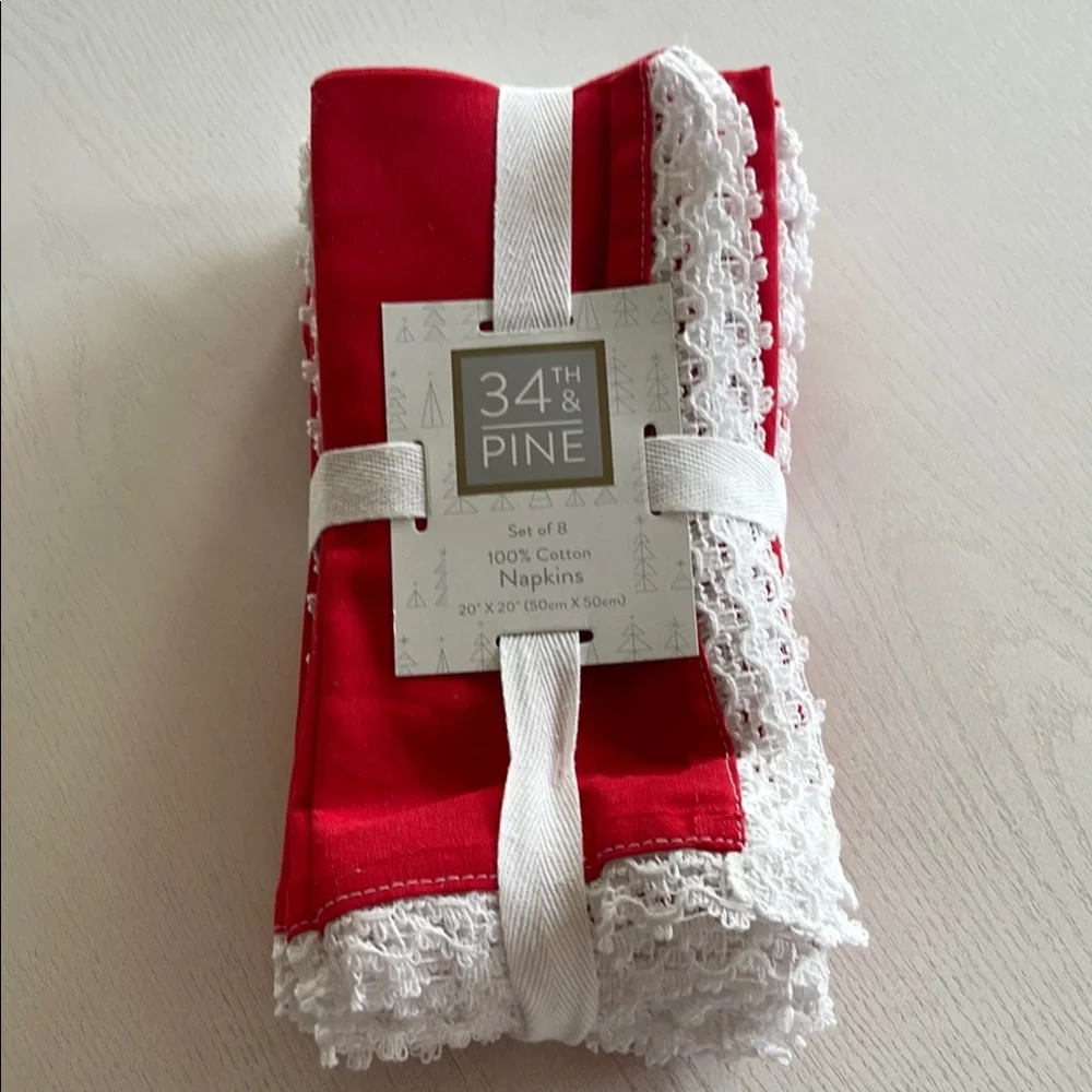 34th & Pine 100% Cotton Cloth Napkins Red with White Lace Trim, Set of 8